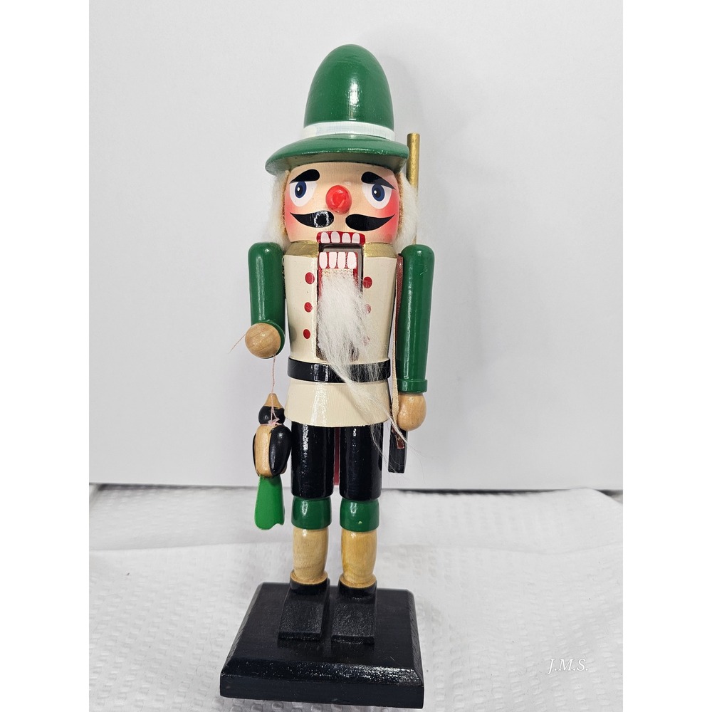 Vintage Style Wooden Hunter Nutcracker Green Alpine Hat with Rifle and Bird